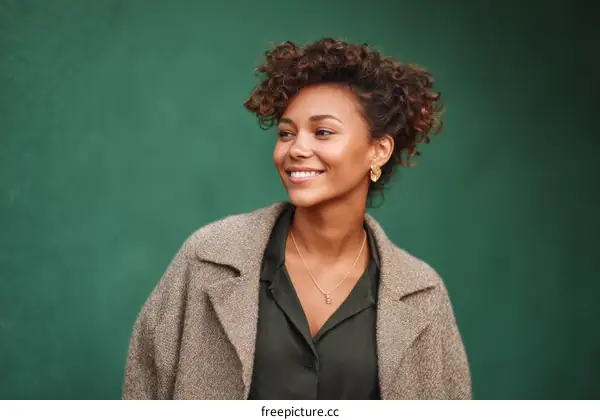 A woman with curly hair wearing a coat smiles in front of green background