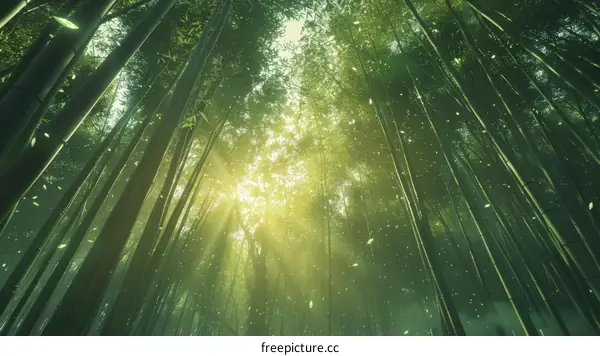 The sun shines through the bamboo forest