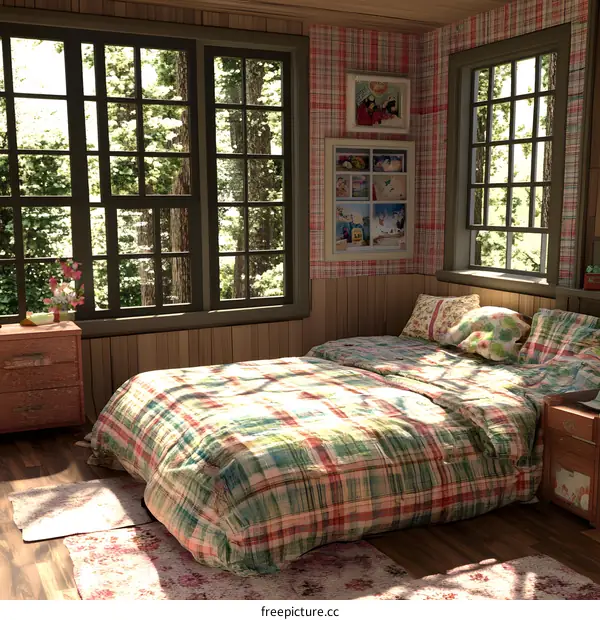 Cozy Bedroom Interior Design with Checkered Bedding and Forest View