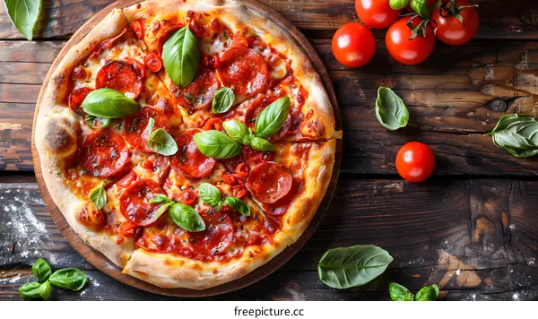 A delicious pepperoni pizza with basil and tomatoes