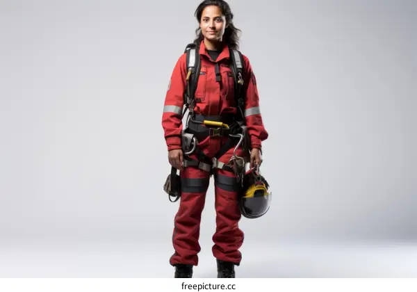 Portrait of a young female firefighter wearing a red fire-resistant suit and safety harness