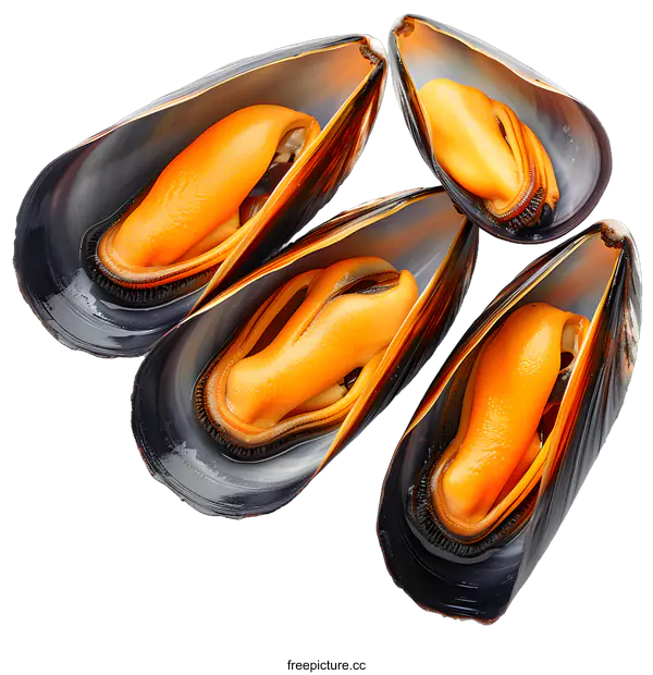 [Transparent Background PNG]Four Open Mussels on White Background