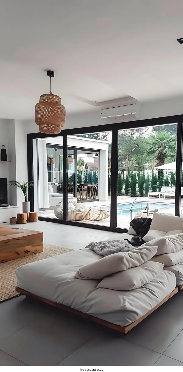 Modern Interior Design with White Sofa, Wooden Floor and Large Windows