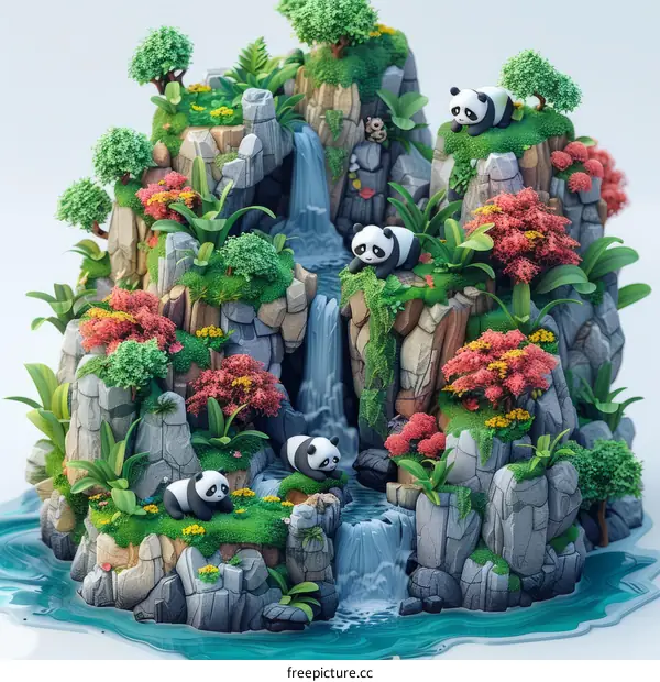 A group of pandas playing in a rocky mountain stream with waterfalls and foliage