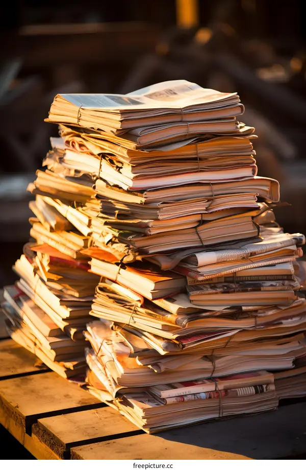 A stack of old newspapers and magazines tied together with string