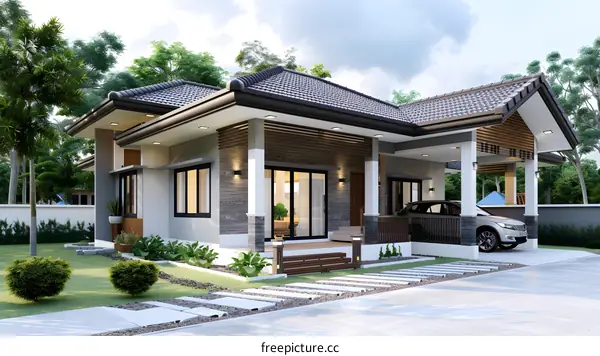 Modern Single Story House Exterior Design With Front Yard