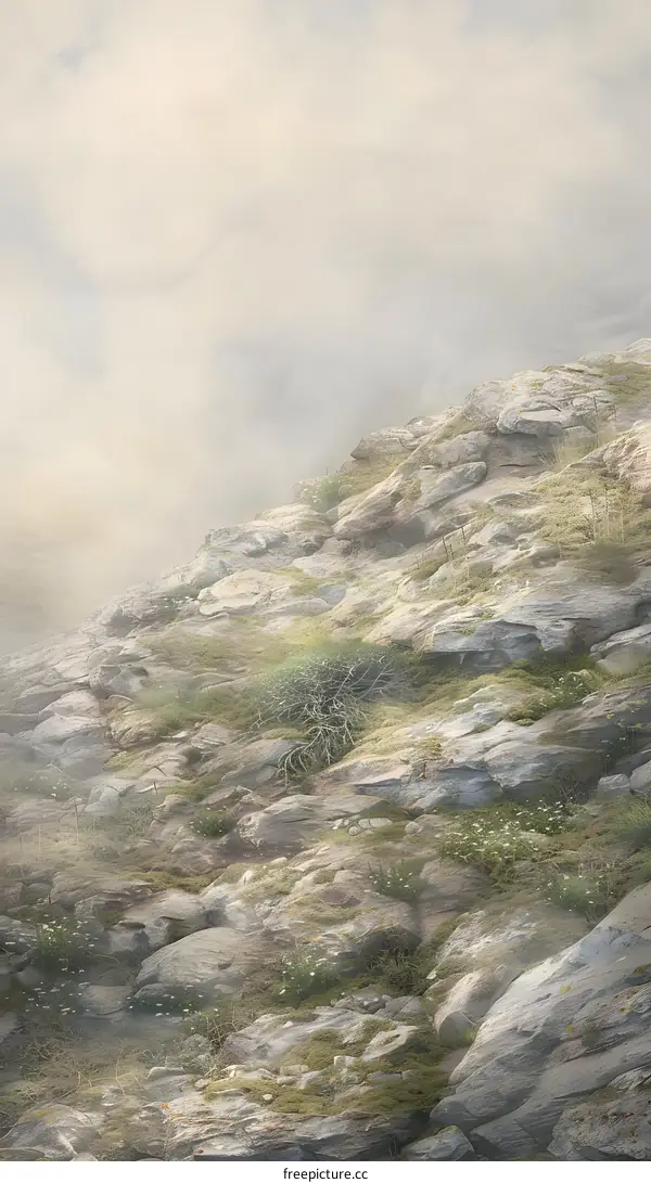 Misty Mountain Landscape With Green Plants