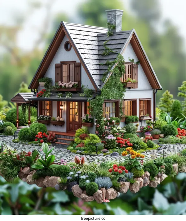 3D rendering of a beautiful house with a garden
