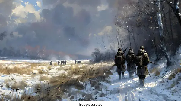 A group of soldiers walking through a snowy forest