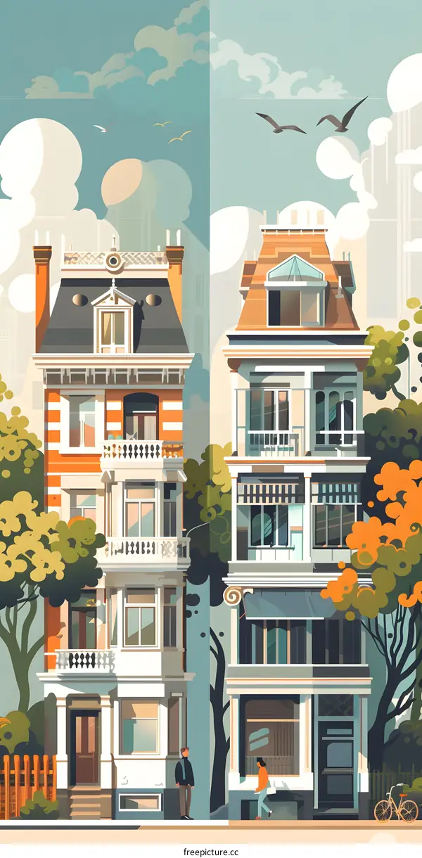 Illustrated Cityscape with Two Buildings and Two People