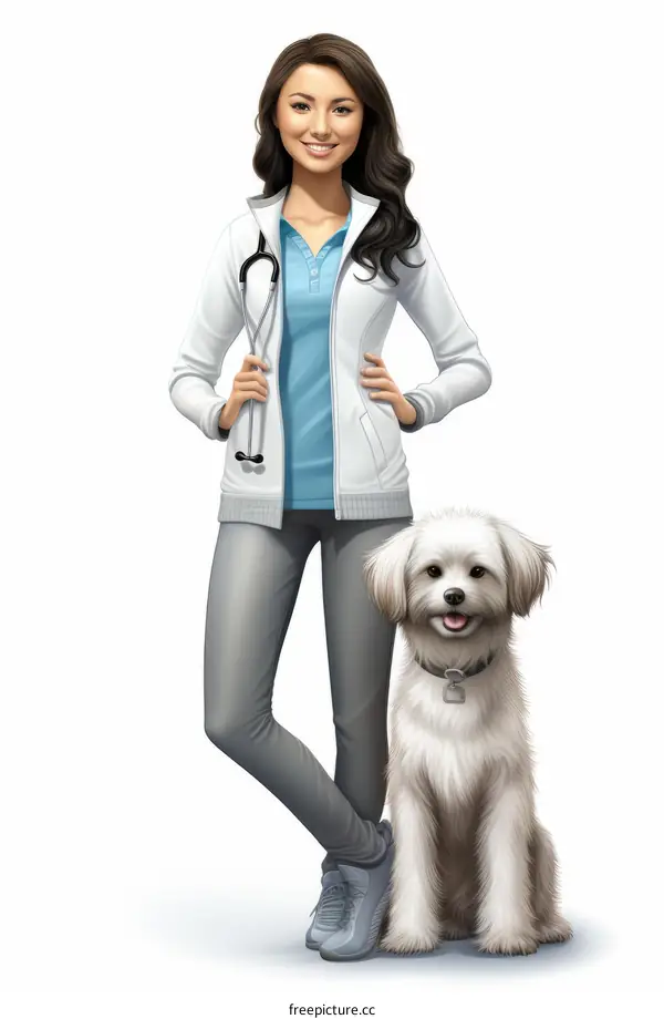 Asian female veterinarian with stethoscope and dog