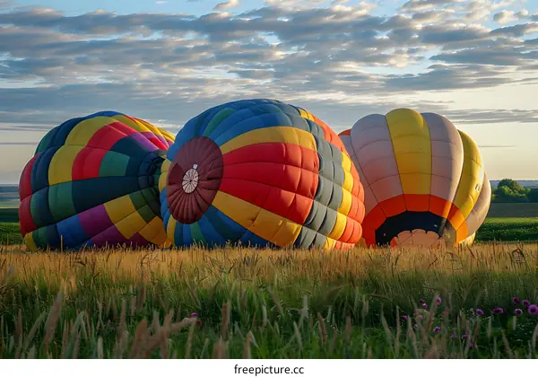Colorful Hot Air Balloons Landing In Field