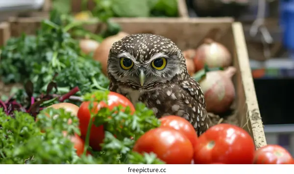 A cute owl sits in a box of fresh produce at a market