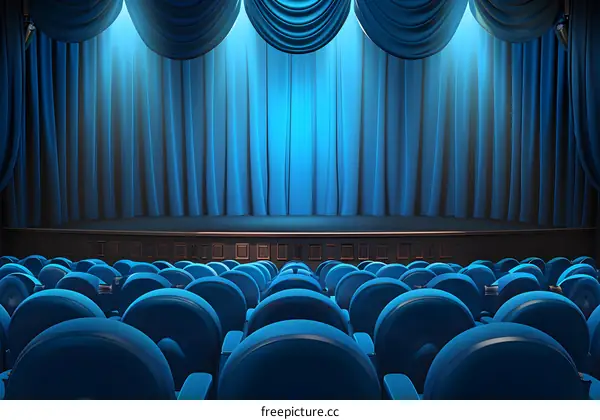 Blue Stage Curtains In Empty Theater