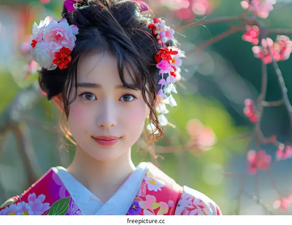 Portrait of a beautiful Japanese woman in traditional kimono with pink flowers in her hair