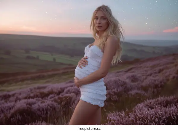 Pregnant woman standing in a field of purple flowers at sunset
