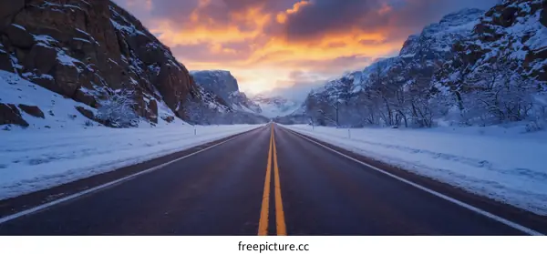 Winter Road Through Snowy Mountain Pass at Sunrise
