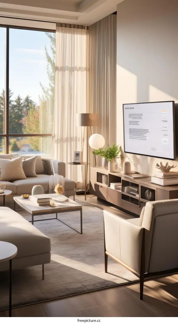 Bright living room with large windows and a television