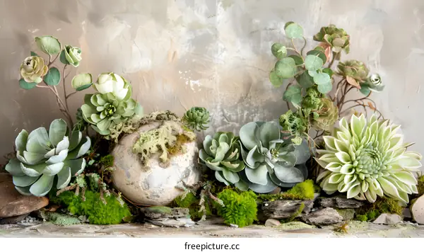 Succulents and Moss Arrangement on Grey Background