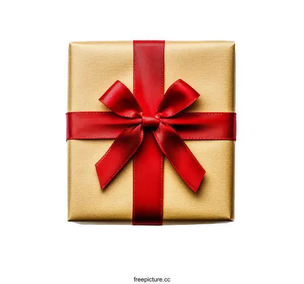 [Transparent Background PNG]Gold Gift Box with Red Ribbon