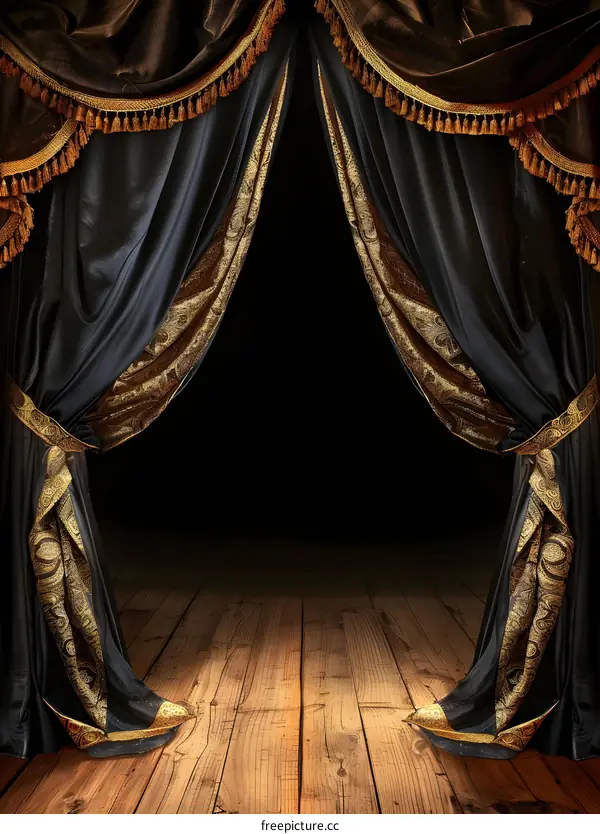 Black and Gold Stage Curtains with Wooden Floor