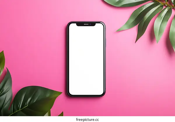 Blank Screen Smartphone Mockup With Green Leaves On Pink Background