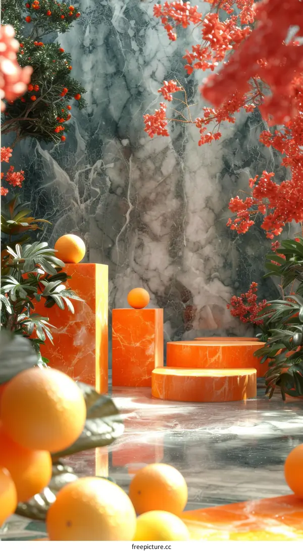 Orange Marble Garden Scene Illustration