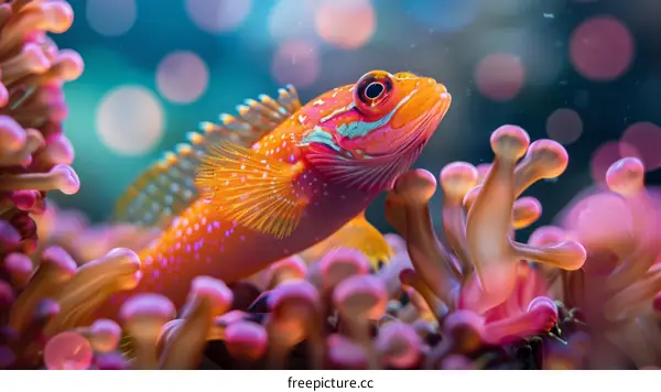 A vibrant and colorful underwater scene of a tiny fish swimming near delicate pink and purple coral reefs