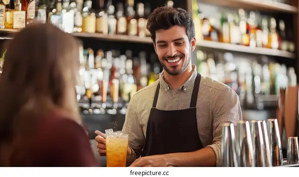Barista Serving a Drink to a Customer in a Pub