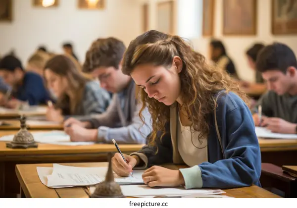 Image of a female student writing an exam in a classroom
