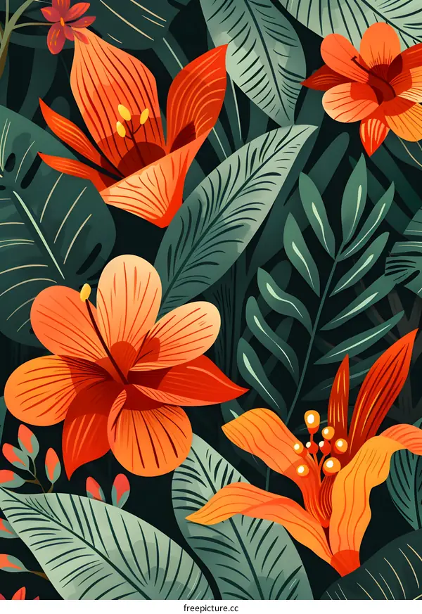 Tropical Floral Pattern with Orange Flowers and Green Leaves