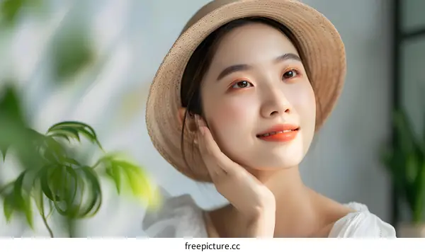 Smiling Asian Woman in a Straw Hat Looking Away