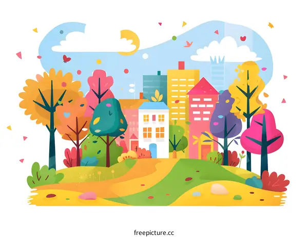 Colorful Cityscape with Trees and Buildings Illustration