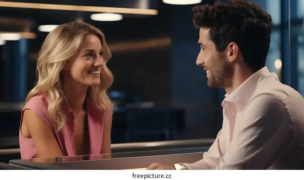 A man and a woman are sitting at a table and talking