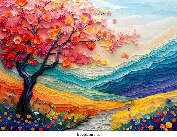 Colorful Paper Flower Tree Landscape
