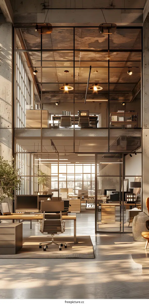 Modern office interior with glass walls and wooden furniture