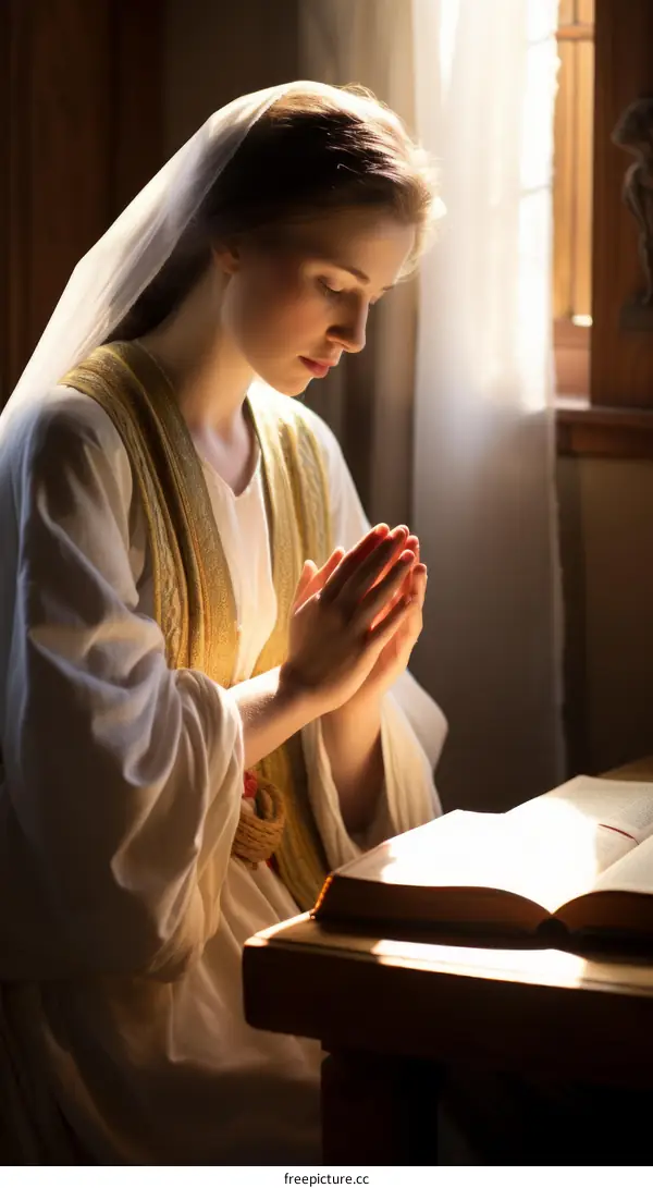 A young woman in medieval dress is praying with her hands together and her eyes closed.