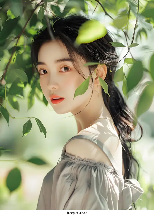 Beautiful Asian Woman With Long Black Hair Posing In A Green Forest