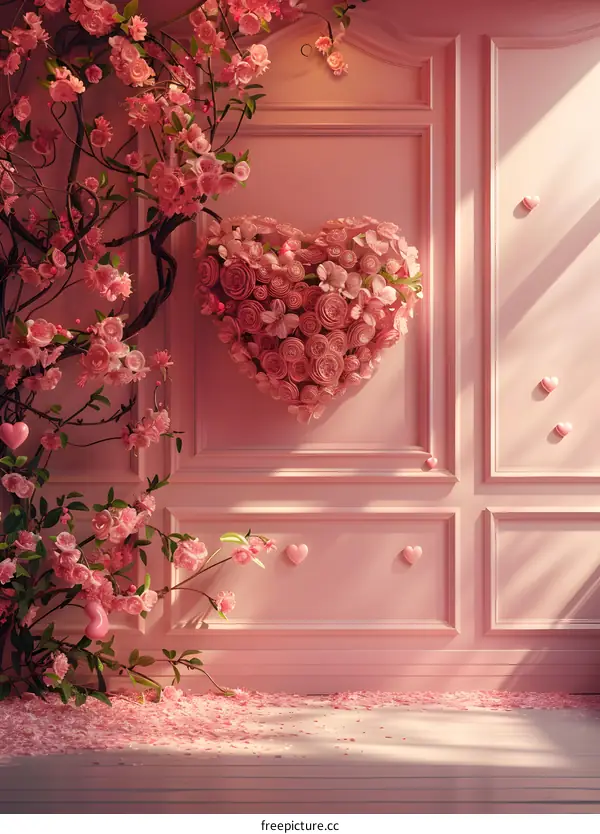 Pink flowers and heart-shaped wreath