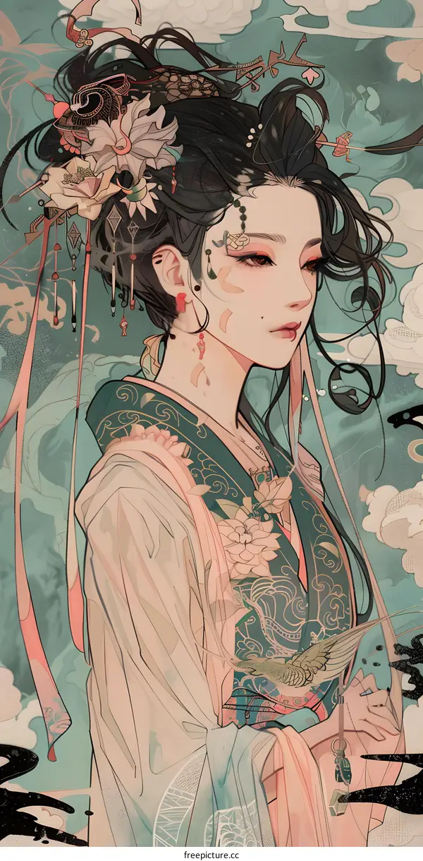 Asian Woman In Traditional Dress With Floral Headband