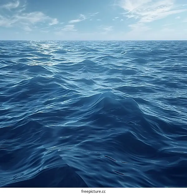 Deep blue ocean surface with gentle waves and white clouds in the distance