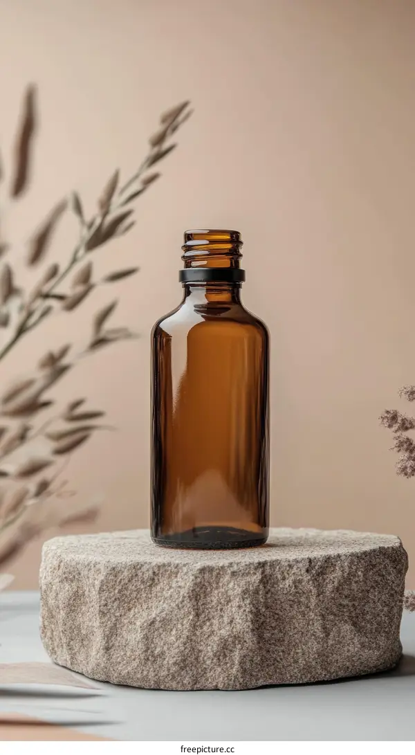 Amber Glass Bottle on Stone Pedestal