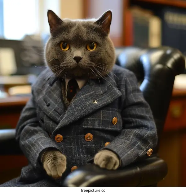 A gray cat wearing a suit and tie is sitting in a leather chair and looking at the camera.