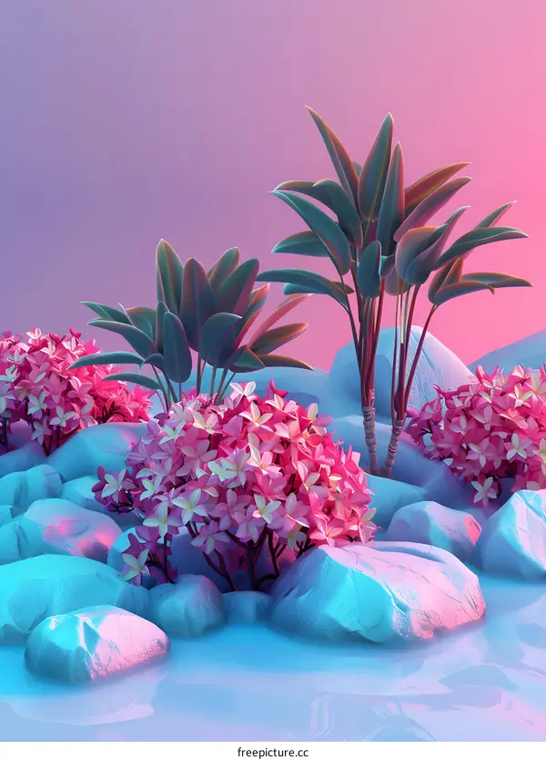 Pink Flowers and Green Palm Trees on Blue Rocks in a Surreal Scene
