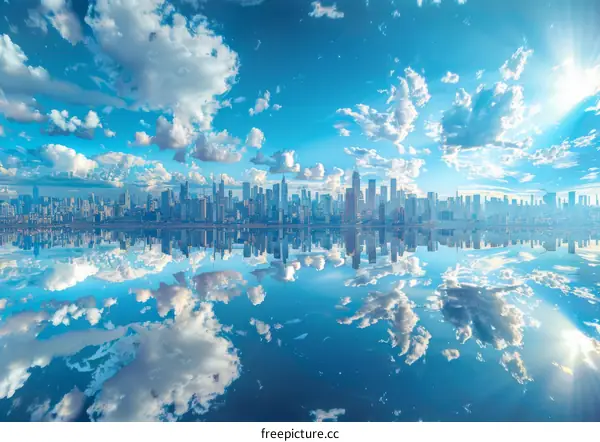 Cityscape Reflection in a Calm Waterway on a Sunny Day