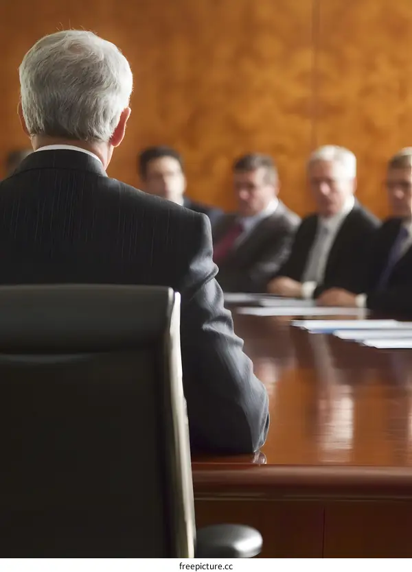 Business Meeting in Office with Man Sitting in Chair in Front of Other Men
