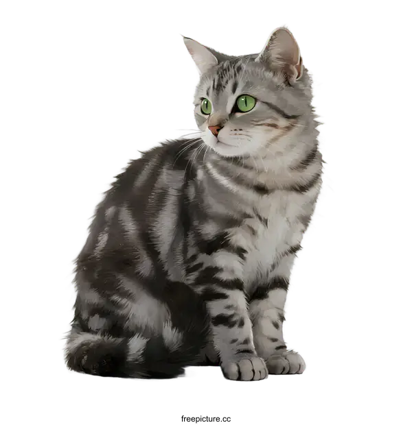 [Transparent Background PNG]A cute gray tabby cat with green eyes sitting upright