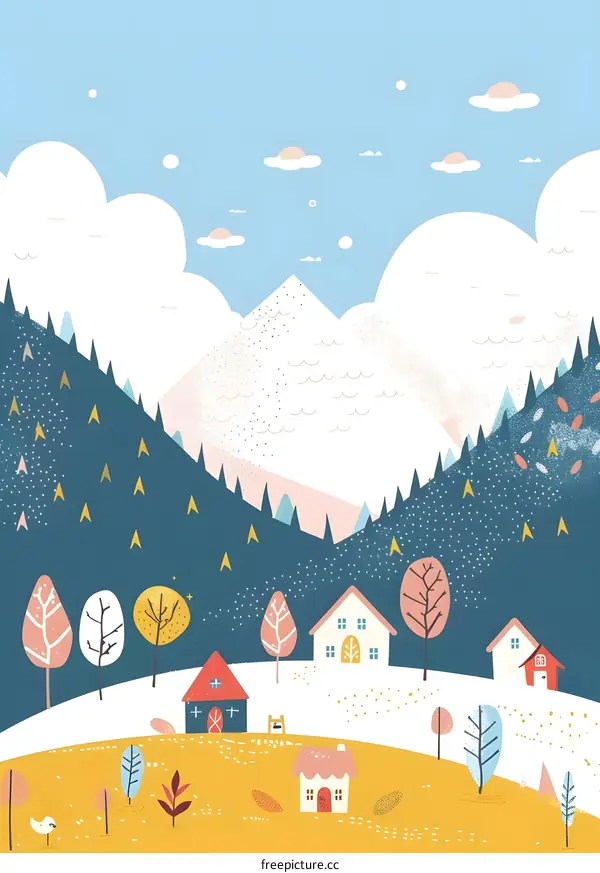 Cute Cartoon Illustration of a Mountain Village with Houses and Trees