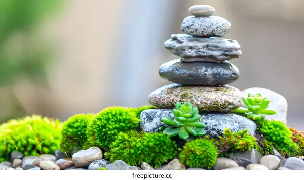 Stacked Stones and Greenery for Meditation and Zen