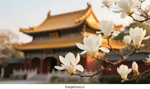 Magnolia Blossoms Against Traditional Chinese Architecture